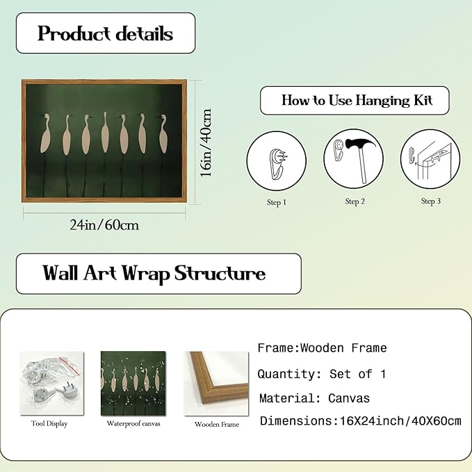 Framed Japanese Cranes Wall Art, Vintage Bird Pictures Wall Decor Paintings, Rustic Nature Animal Canvas Prints Minimalist Green Home Decor for Living Room Bedroom Office 16x24 inch