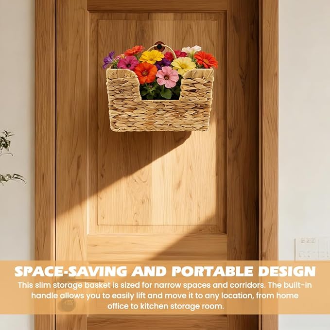 Hanging Magazine Basket, Handwoven Water Hyacinth Wall Magazine Holder with Handle for Books & Files, 11.8x4.3x7.9 Inch Water Hyacinth Farmhouse Storage Rack with Hook for Bathroom, Kitchen, Office