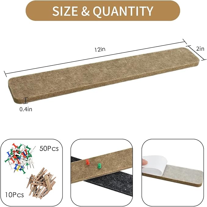 Vuzvuv 8 pcs Bulletin Board Bar Strips with 50 Pushpins & 10 Wooden Clip pins，Self Adhesive Cork Board for Wall，Felt Pin Board for School，Office Decor(Black Brown Gray)