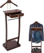 Clothing Valet Stand, Wood Suit Rack with Drawer & Compartment, Freestanding Valet Stand for Women and Man, 17"x12"x44" Suit Stand for Home Hotel Office (Walnut Color)