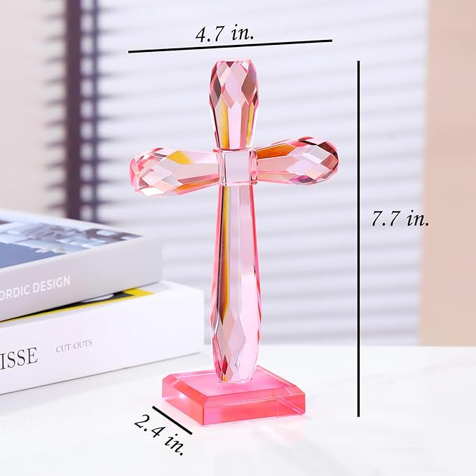 YWHL Handmade Crystal Standing Cross Decor, Religious Gifts for Women Men, Holy Cross for Easter Pary, Art Collectible Figurines for Home Table (Pink)