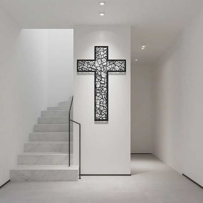 Black Metal Cross Wall Decor Iron Christian Cross for Home Church, Hollow Out Artistic Hanging Ornament, Crosses Wall Decor for Living Room, Bedroom, Decorative Thankful Religious Gift 35.4x23.5 inch