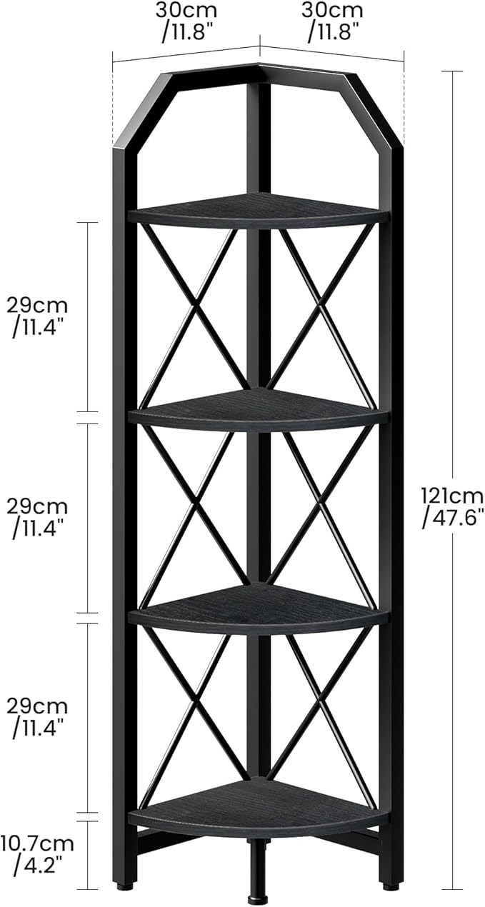 CHOEZON 4-Tier Corner Shelf, Industrial Corner Bookshelf, 47.6" Corner Storage Stand, Plant Stand Display Shelf, Corner Bookcase for Bedroom, Living Room, Home Office, Black TCJ09BB