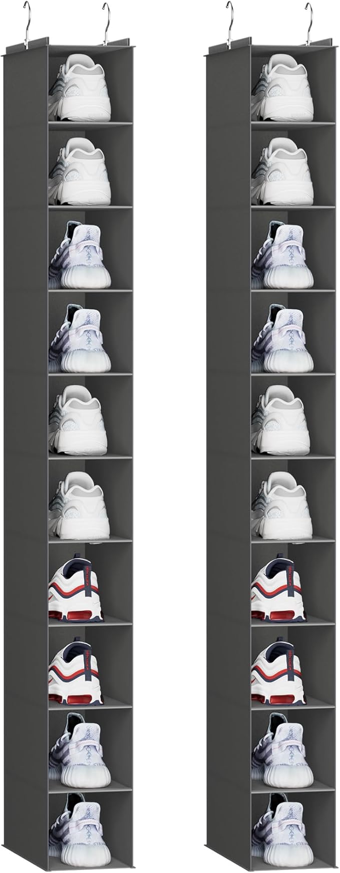 YOUDENOVA Hanging Shoe Organizer, 10-Shelf Closet Shoe Organizers for Closet, Hanging Shoe Storage, Grey, 2 Packs