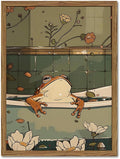 Funny Japanese Frog Bathroom Wall Art Whimsical Frog in Bathtub Wall Decor Painting Cute Animal Bathroom Poster Canvas Print Picture 12x16 inch Wood Framed