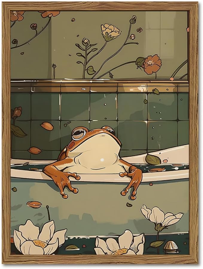 Funny Japanese Frog Bathroom Wall Art Whimsical Frog in Bathtub Wall Decor Painting Cute Animal Bathroom Poster Canvas Print Picture 12x16 inch Wood Framed