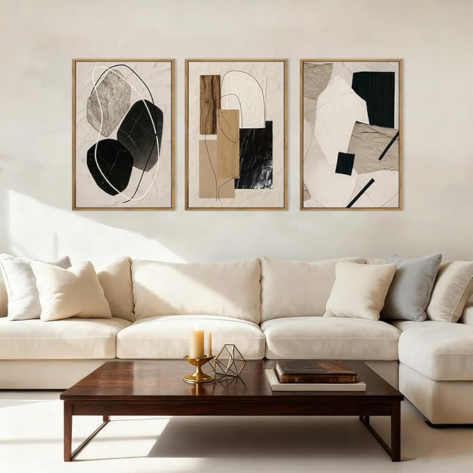 BINCUE Abstract Modern Wall Art Framed Neutral Wall Paintings Elegant Modern Artwork Abstract Neutral Wall Pictures for Living Room Bedroom Bathroom Office 16x24 Inch Set of 3 Gift
