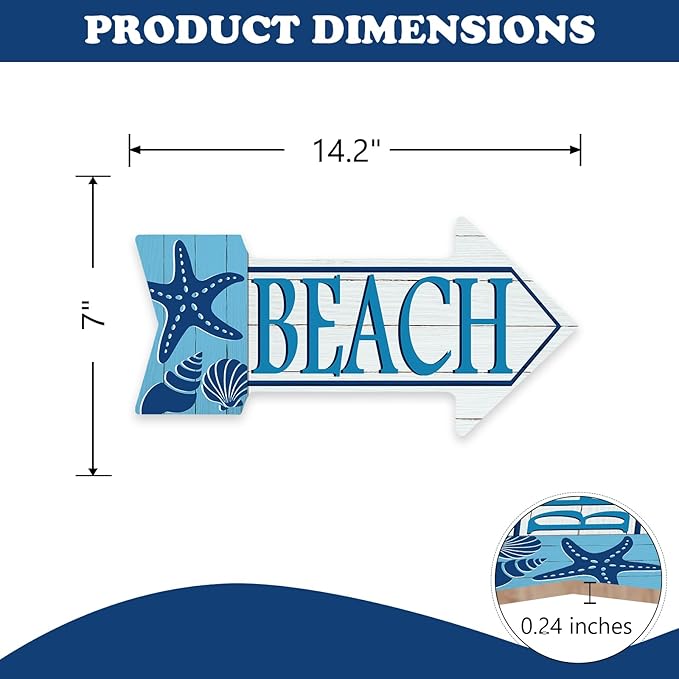 Coastal Beach Arrow Front Door Sign, Summer Nautical Sea Starfish Conch Shell Wood Plaque Hanger Outdoor Outside Porch Home Decor, Ocean Farmhouse Wooden Wreath Indoor Wall Hanging Decoration