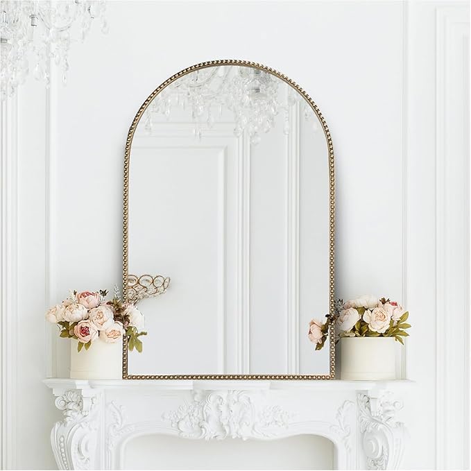 Antique Gold Arched Wall Mirror 20"x30", Ornate Beaded Metal Frame Bathroom Mirror, Vintage Decorative Wall Mirror for Bedroom, Living Room, Entryway, or Vanity Décor