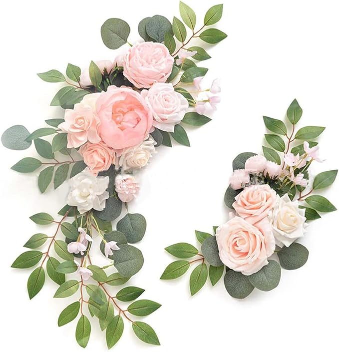 CDQL 2Pcs Wedding Welcome Sign Floral Decoration,Artificial Flower Swag Wedding Arch Decor, Wedding Flower Swag for Wedding Ceremony and Reception Arrangement (Light Pink)