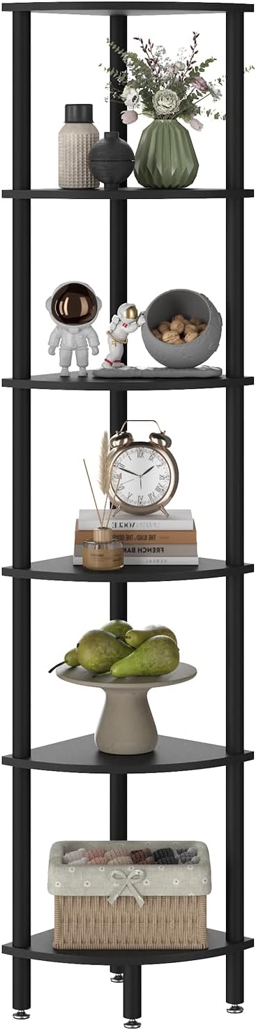 IBUYKE 6 Tier Corner Shelf Stand,Industrial Corner Display Rack,Corner Bookshelf for Living Room, Bedroom, Kitchen, Home Office, Black WBC011B