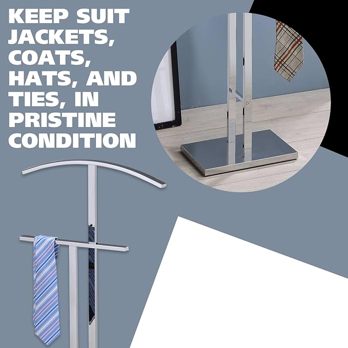Kings Brand Furniture Dossi Modern Metal Suit Valet Stand, Clothes Rack Organizer with Jacket, Pants & Tie Holder, Space-Saving Garment Rack for Bedroom or Closet (Chrome)