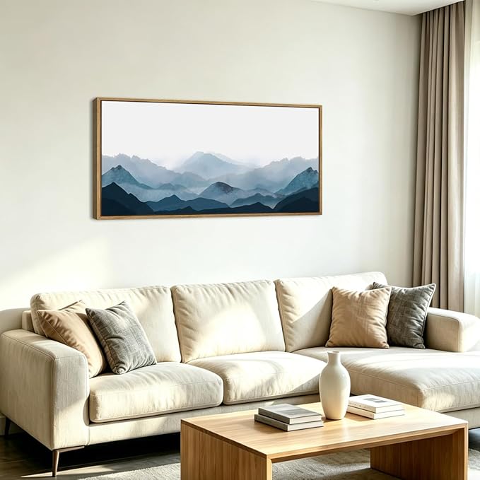 Blue Framed Mountain Landscape Wall Art Fog Mountain Painting Wall Decor Minimalist Blue Artwork Blue Mountains Wall Paintings Simple Landscape Wall Pictures for Bedroom Living Room Office Home Decor 20x40 Inch