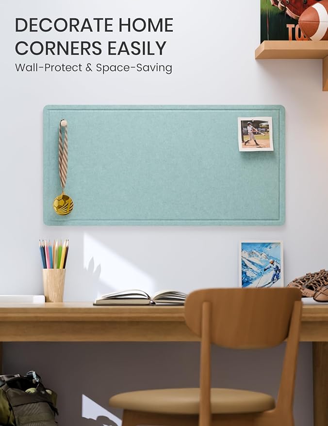 Fluxynara Bulletin Board, 35" x 17.5" Cork Board Alternative with 12 Safe Removable Adhesive Tabs, Foldable Felt Pin Board for Home Office, Classroom, Bedroom,Entryway for Walls—Aqua Blue