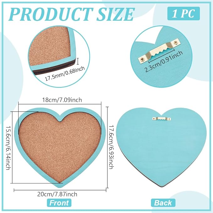BENECREAT Heart Pin Cork Board, Bulletin Display Board Wall Mounted Cork Board with Light Sky Blue Frame for Brooch Pin Storage Display, Office Home and School Decor, 6.9x7.8inch