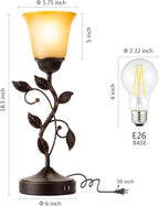 Touch Control Table Lamp with 2 USB Charging Ports, 3-Way Dimmable Bedside Nightstand Lamps, Amber Glass Shade Vintage Rural Leaf Lamp for Living Room, Bedroom, Dresser, LED Bulb Included (Bronze)