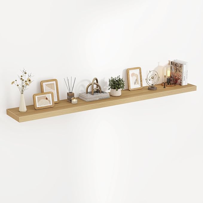 Acovy 72 Inch Floating Shelves, 3D Textured Wood Grain, 72"x9.25"x1.5" Inch Deep Floating Shelves for Wall, Wooden Shelves for Bathroom, Bedroom, Living Room, Natural, 1 Piece