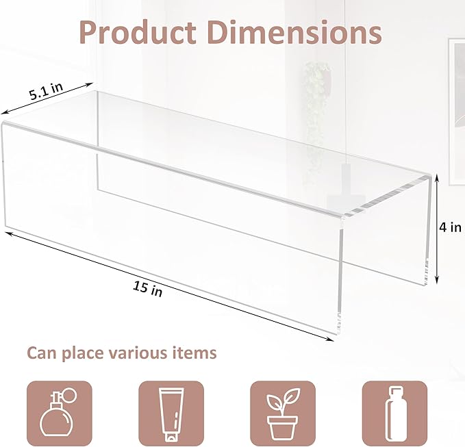 Acrylic Shelf Riser 15x5.1x4 pack of 2, Clear Acrylic Stand for Figure, Cosmetics, Bags, Shoes, Toys, Collectibles, 15x5.1x4 Inch