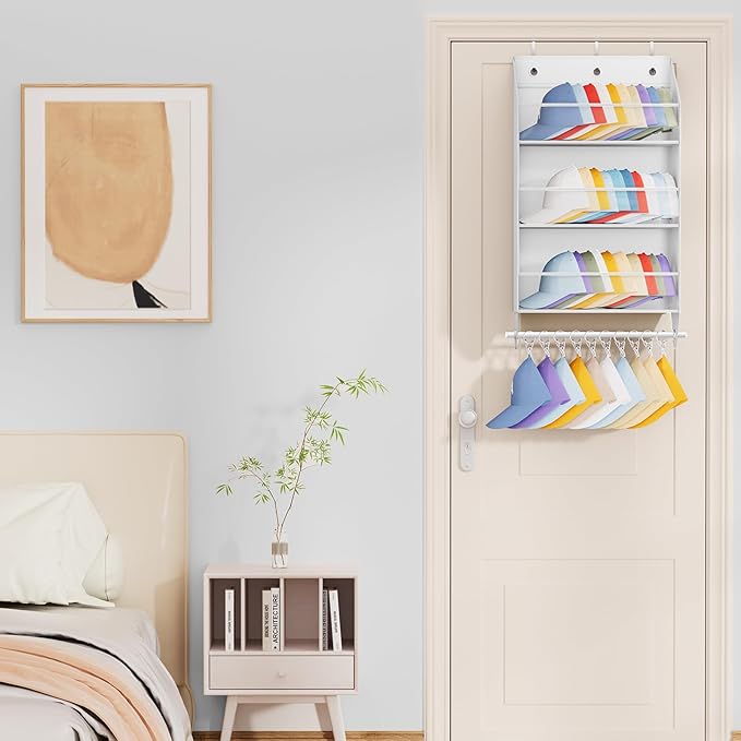 Over the Door Hat Rack - 3-Layer Design Hat Organizer Holds 30-36 Hats with 10 Hooks, Ideal Hat Rack for Door, Over the Door Organizer for Closet, Apartment, Bedroom, Dorm, 1 Pack, White