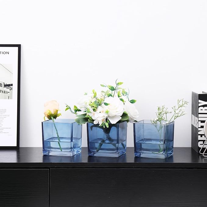 Square Glass Vases Set of 4, 5" x 5" x 5" Blue Flower Vases for Centerpieces, Square Vase for Flowers, Small Vase for Wedding, Party, Home Office Decoration