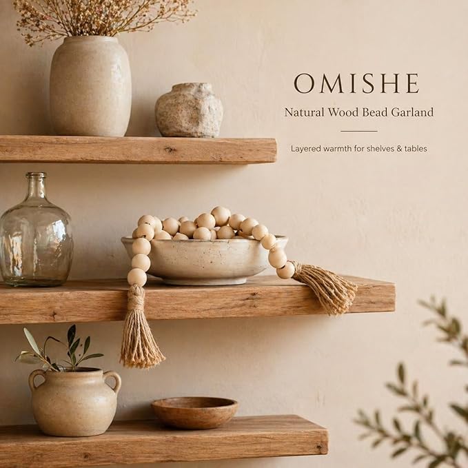 OMISHE 60" Long Extra Large Wood Bead Garland with 1.6" Diameter Wooden Beads and Tassels, Rustic Farmhouse Country Decorative Beads for Home Decor Tiered Tray Decor, Natural Beige