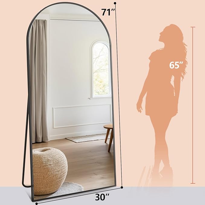 Prywot Arched Full Length Mirror, 71"x30" Free Standing Floor Mirror, Modern Full Body Mirrors with Stand, Wall Mirrors with Aluminum Alloy Frame for Bedroom,Living Room, Black