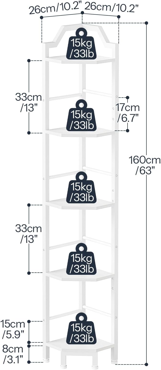 HOOBRO Narrow Corner Shelf Stand, 5-Tier Corner Shelf, 63” Tall Multipurpose Corner Bookshelf, Standing Display Shelf Plant Stand, for Living Room, Study, Kitchen, White WW100CJ01