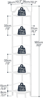 HOOBRO Narrow Corner Shelf Stand, 5-Tier Corner Shelf, 63” Tall Multipurpose Corner Bookshelf, Standing Display Shelf Plant Stand, for Living Room, Study, Kitchen, White WW100CJ01