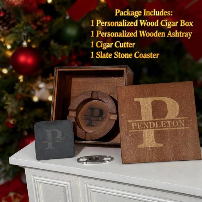 Cigar Ash Tray Set for Men Dad Home Ashtrays Personalized Walnut Wooden Outdoor Cigar Ash Tray With Name for Husband Grandpa Fathers Day Birthday Anniversary Christmas