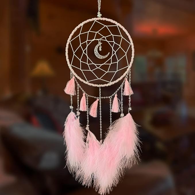 Dream Catcher Handmade Pink Feather Native American Circular Net for Boys Bedroom Wall Hanging Dream Catcher for Girls Kids Nursery Bedroom Decoration Blessing Gift (Pink)