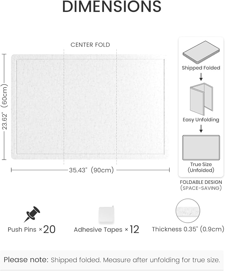 Fluxynara Bulletin Board,35.4" x 23.6" Cork Board Alternative with 12 Safe Removable Adhesive Tabs, Foldable Felt Pin Board for Home Office, Classroom, Bedroom,Entryway for Walls—Light Gray