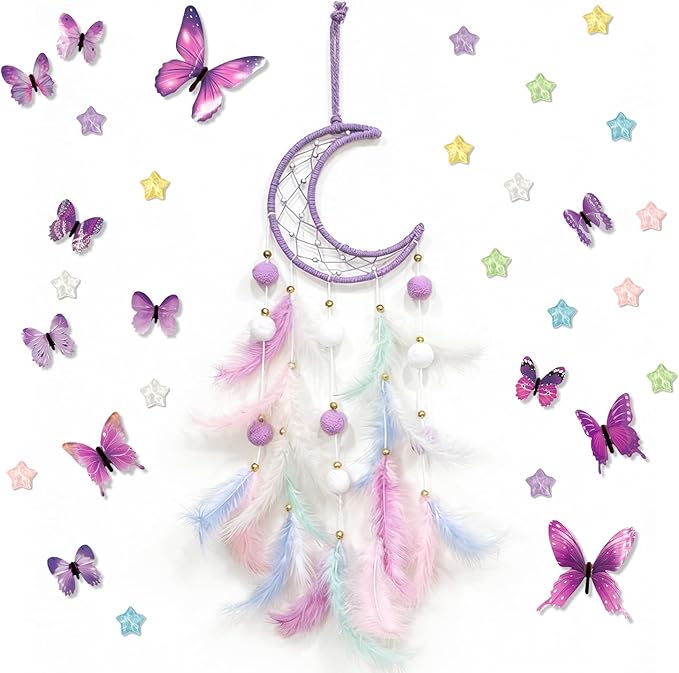 Dream Catcher Wall Hanging, Purple Boho Dreamcatcher Set with 12 Butterflies & 18 Stars - Peel and Stick Wall Decals for Bedroom, Girl's Room Decor, Birthday