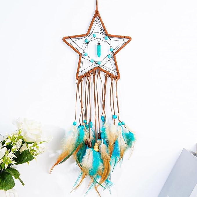 MEXIDAWN DIY Feather Dream Catcher Kits Blue Wall Hanging Boho Decor Handmade Dream Catcher for Adults, Star