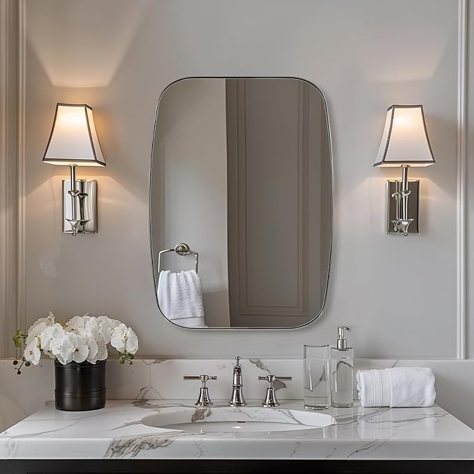 ANDY STAR 22x30 Chrome Bathroom Mirror, Oblong Silver Mirror with Stainless Steel Metal Frame, Oval Vanity Mirror for Over Sink, Modern Anti Rust Wall Mounted