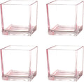 Square Glass Vases Set of 4, 4"x 4"x 4" Flower Vases for Centerpieces, Pink Glass Vase for Flowers, Small Vase for Wedding, Party, Home Office Decoration