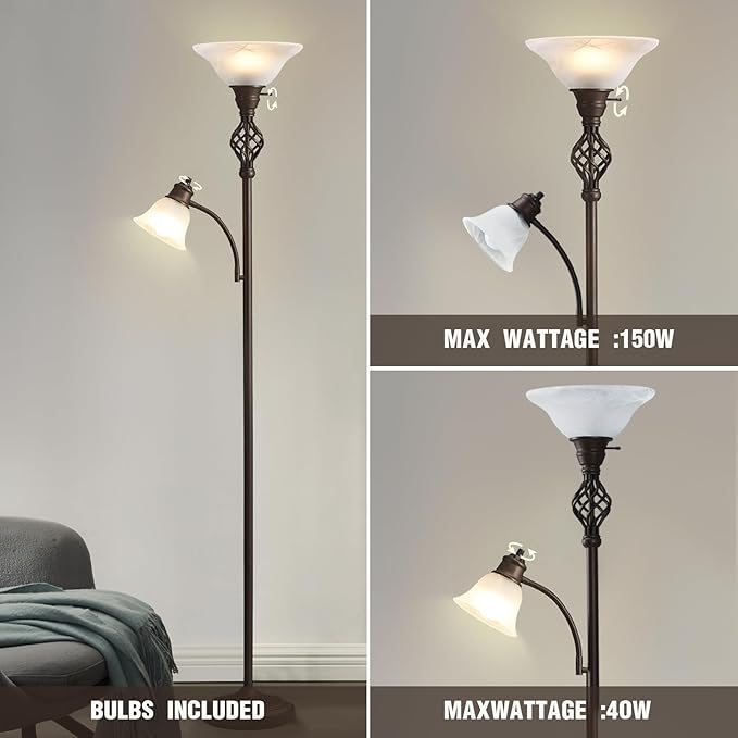 GyroVu Torchiere Floor Lamp for Living Room, LED Standing Reading Light for Bedroom with Glass Shade for Living Room Corner Bedroom Home Office,Bulbs Included (Red Brown,Glass 2 Head)