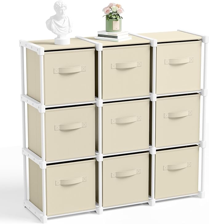 9 Cube Storage Organizer with Shelf Back to School Boxes 11 Inch Toy Storage Bins Closet Organizers Drawers Fabric Dresser for Playroom Books Bedroom Dorm Kitchen (Creamy White)