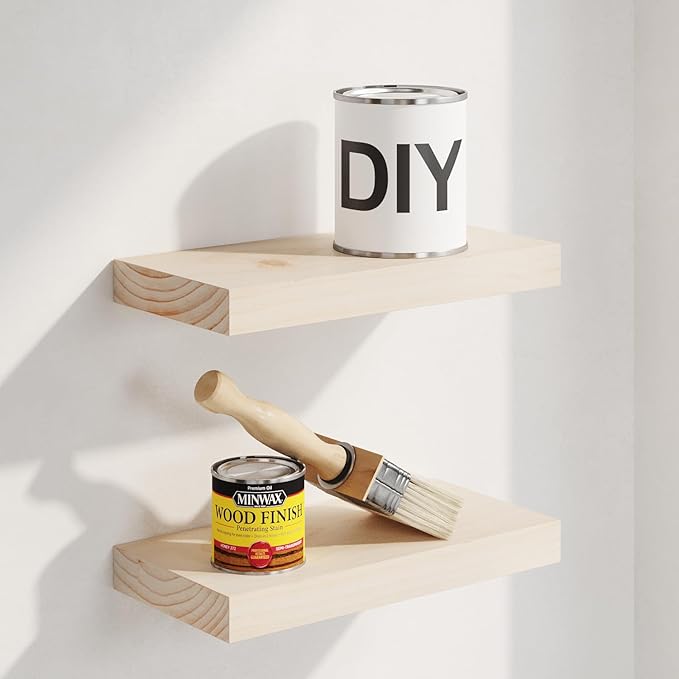 Homeforia Wood Floating Shelf 12 inch, High End Solid Natural Wood 12inch Floating Shelves for Wall Mounted, Unfinished Small Wooden Floating Shelves, Heavy Duty Bracket, 12 X 6.5 X 1.75 in, Set of 3