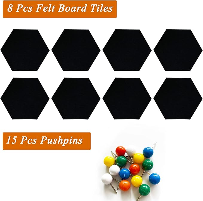 8Pcs Hexagon Felt Cork Board Tiles, Self Adhesive DIY Bulletin Board Pin Board for Office School Home Wall Decor Stickers Memos Photos Display (Black)