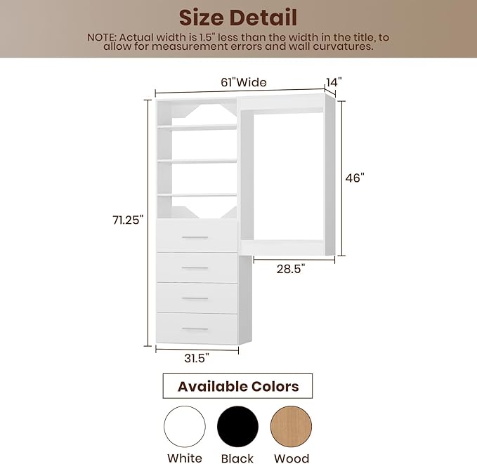 ROOMTEC Modular Closet System, 61" Wall-Mounted Closet Organizer with Drawers and Hanging Rods, Wooden Tower for Walk-In Closets, Wardrobe Storage Kit, White
