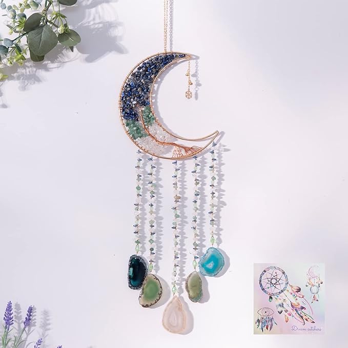 Boho Dream Catcher with Crystal Suncatcher, Handmade Dream Catchers for Adults Bedroom Decor, Moon Wall Hanging Bohemian Room Decor Spiritual Gift for Women