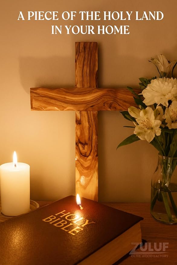 Zuluf Wooden Olivewood Plain Cross For Wall decor | Large Wall Cross Christian Religious Gift | Wall Art Home Room Décor | Jerusalem Decorative Wall Cross with Holy Land Certificate | 25cm / 9.8"