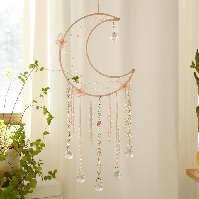 Artilady Butterfly Dream Catchers with Crystals - Large Boho Pink Moon Dream Catcher Wall Decor Home Decorations Girls Kids Baby Bedroom Room Decor Christmas Birthday Teen Girl Boys Gifts