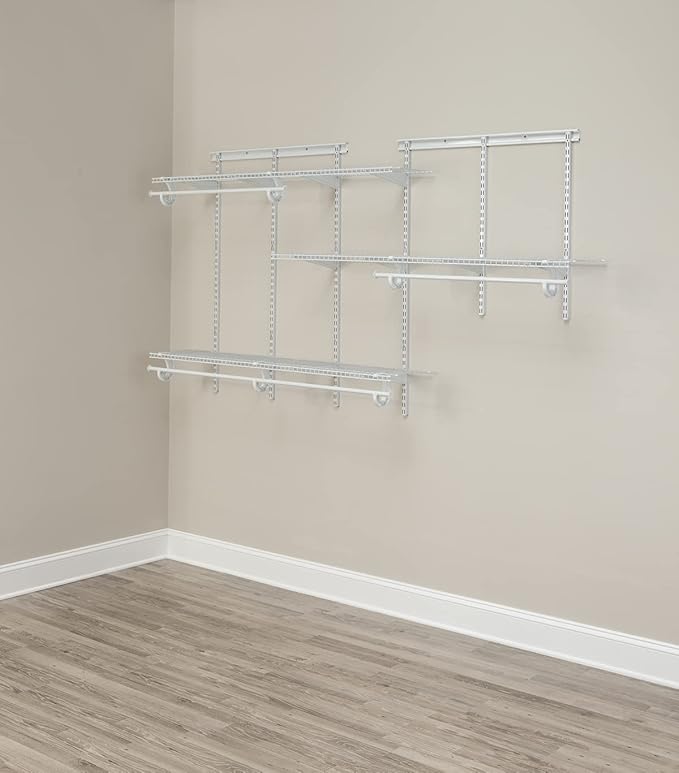 ClosetMaid ShelfTrack Wire Closet Organizer System, Adjustable from 5 to 8 Ft., With Shelves, Clothes Rods, Hardware, Durable Steel, White