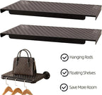 Industrial Pipe Clothing Rack with 2 Floating Shelves, 3 Hanging Rods Wall Mounted Garment Rack, Heavy Duty Iron Clothes Bar, Space-Saving Clothing Hanging Rails for Closet (3 hanging rods 2 shelves)