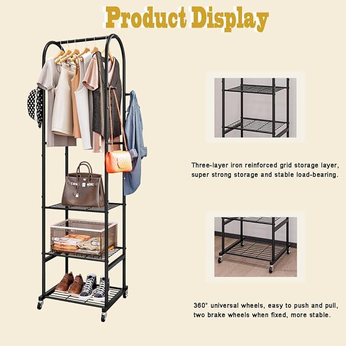SUOERNUO Clothes Rack With Wheels and 3-Tier Metal Shelves,Clothing Rack For Hanging Clothes With 4 Hooks,Garment Rack Wardrobe Organizer for Small Space,Black (black, 16.54 * 18.23 * 72.05)