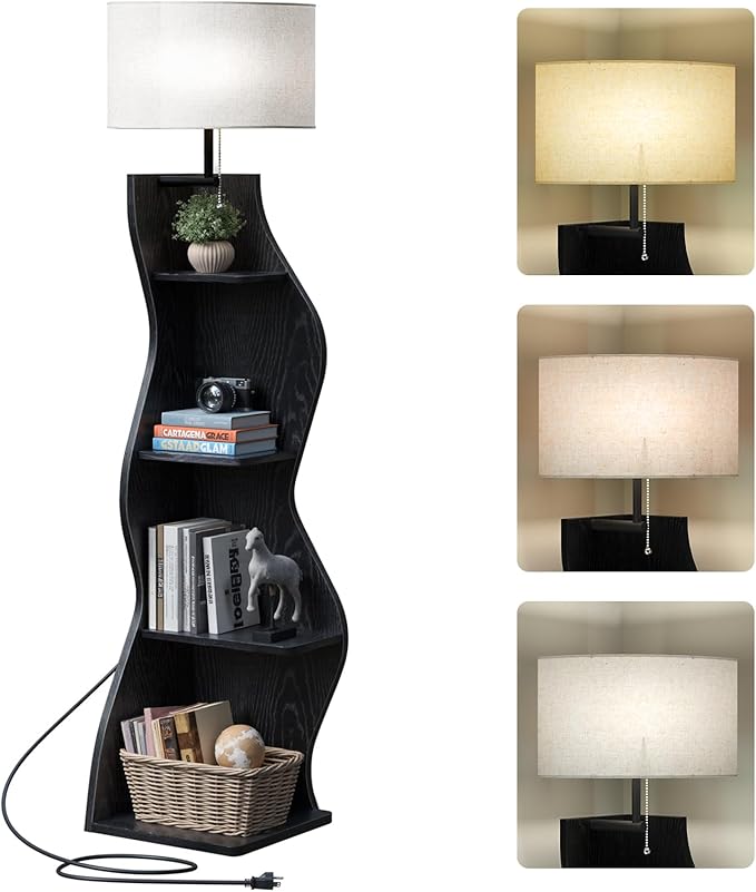 Evermagin 4 Tier Corner Shelf with Light, 64'' Tall Corner Bookshelf with Unique Shape, Stylish Wavy Bookcase Tower with Storage Organizer for Small Space, Living Room, Bedroom (Black)