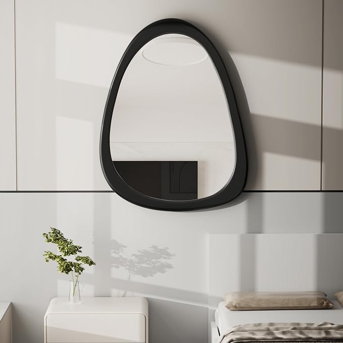 34"x 26" Irregular Wall Mirror, Black Frame Wood Asymmetrical Decorative Wall Wooden Mirror for Living Room Bedroom Entryway Bathroom Home Decor