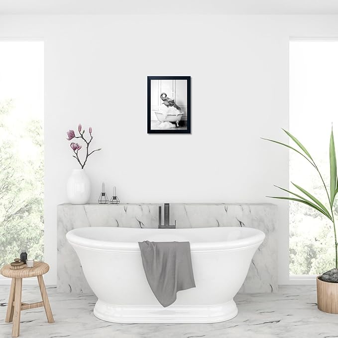 Framed Elephant Wall Art Black and White Bathroom Wall Decor Funny Animal Canvas Print Artworks for Bathroom