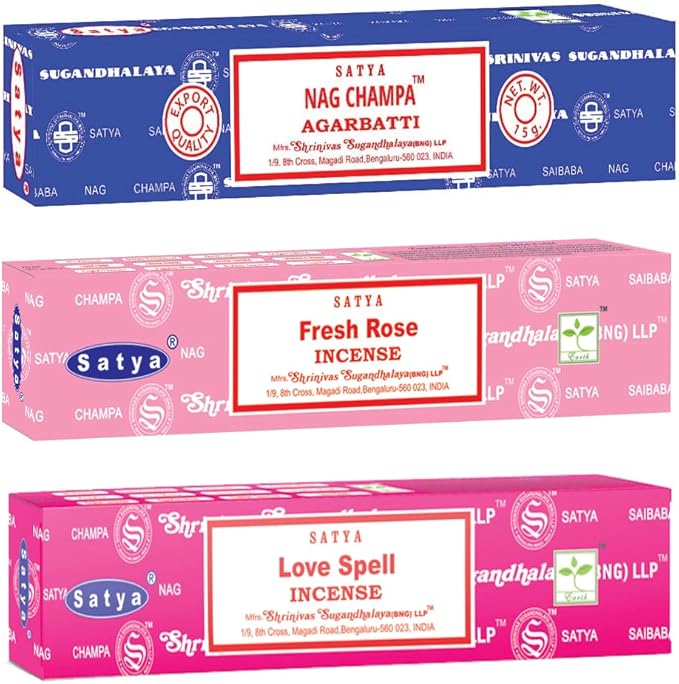 Satya Love Mix Incense Sticks 3-Pack Assortment | Slow-Burning, Long-Lasting Nag Champa, Fresh Rose & Love Spell (15g Each)